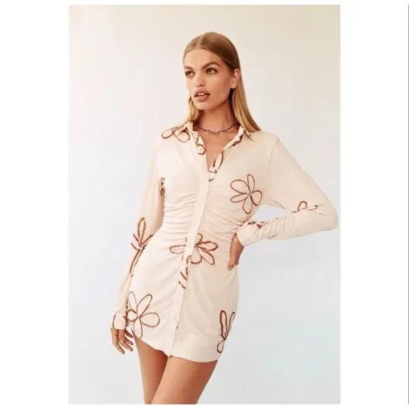 With Jéan Andy Mini Dress Chalk & Flowers Ruched Button Front Long Sleeve S - Picture 1 of 8